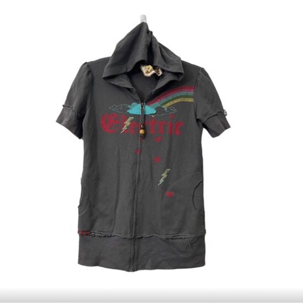 Blue Bird Womens Gray Electric Patches Raw Seam Short Sleeve Zip Hoodie Size M
